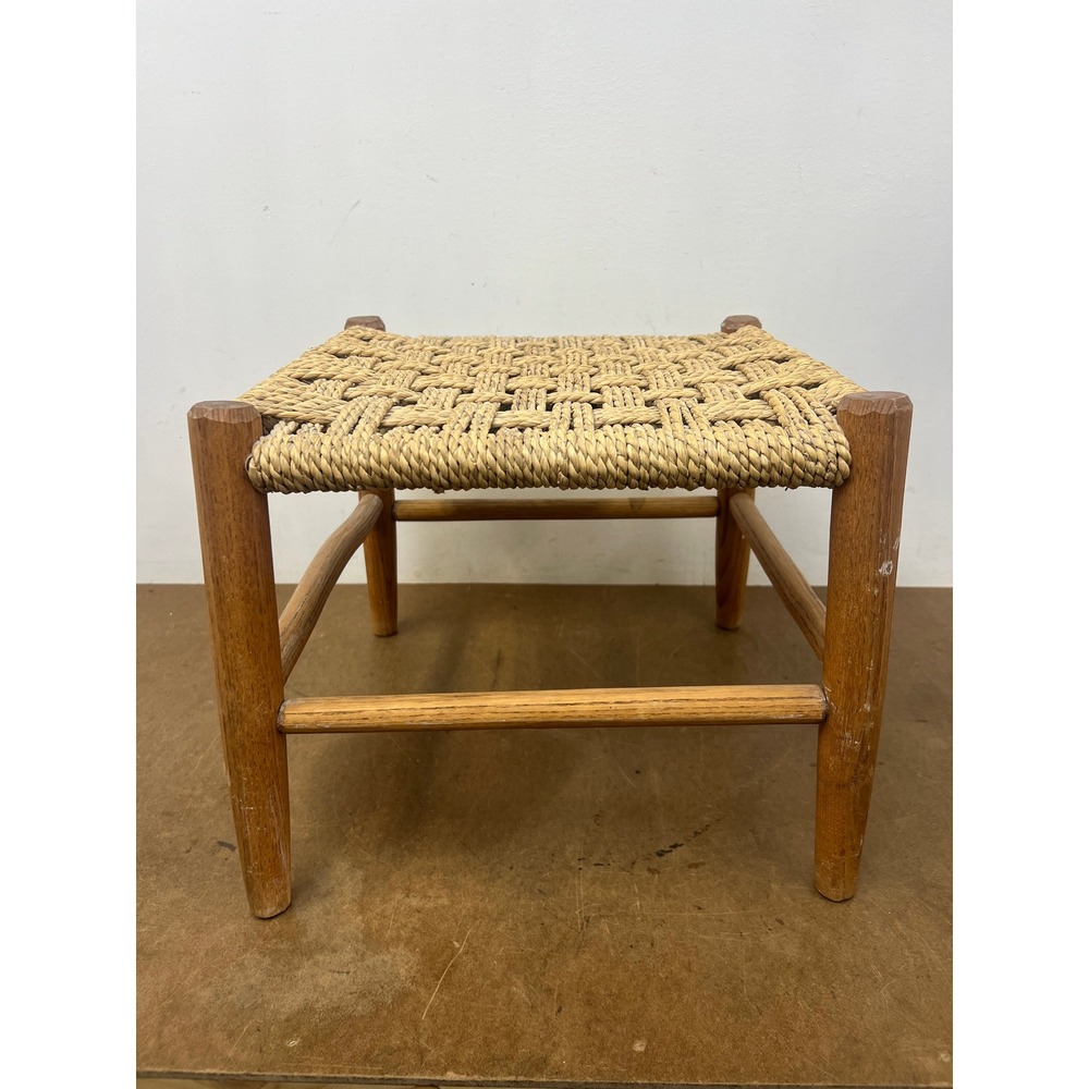 Vintage Woven Rope Stool Rustic Wood Frame Footstool Boho Ottoman Mid Century 60